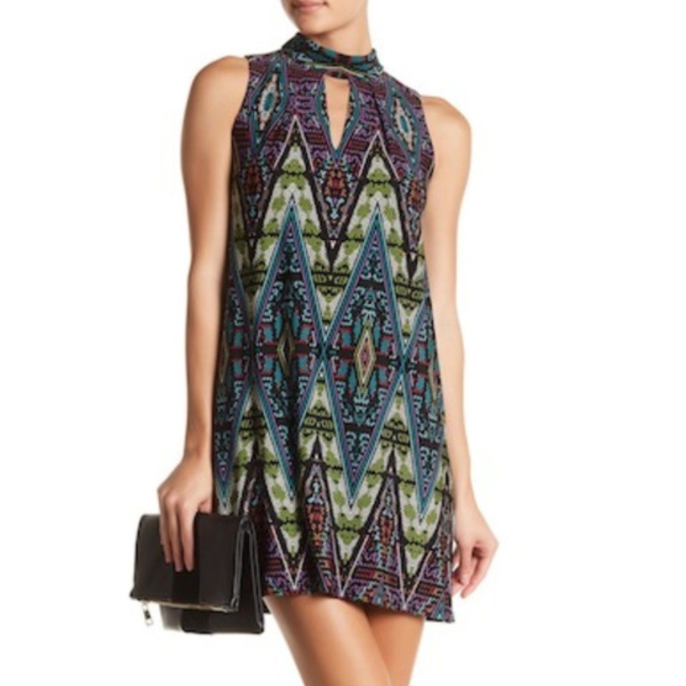 London Times 8 tile pattern dress sleeveless mock neck boho Festival Whimsical